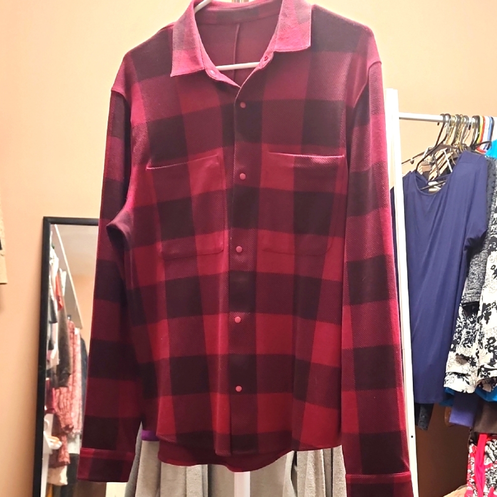Lululemon Men's Red and Black Plaid Soft Knit OverShirt Size Medium